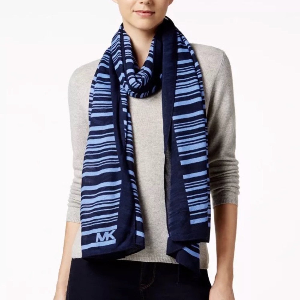 Michael Kors navy blue striped scarf Signature Logo Monogram – NWT